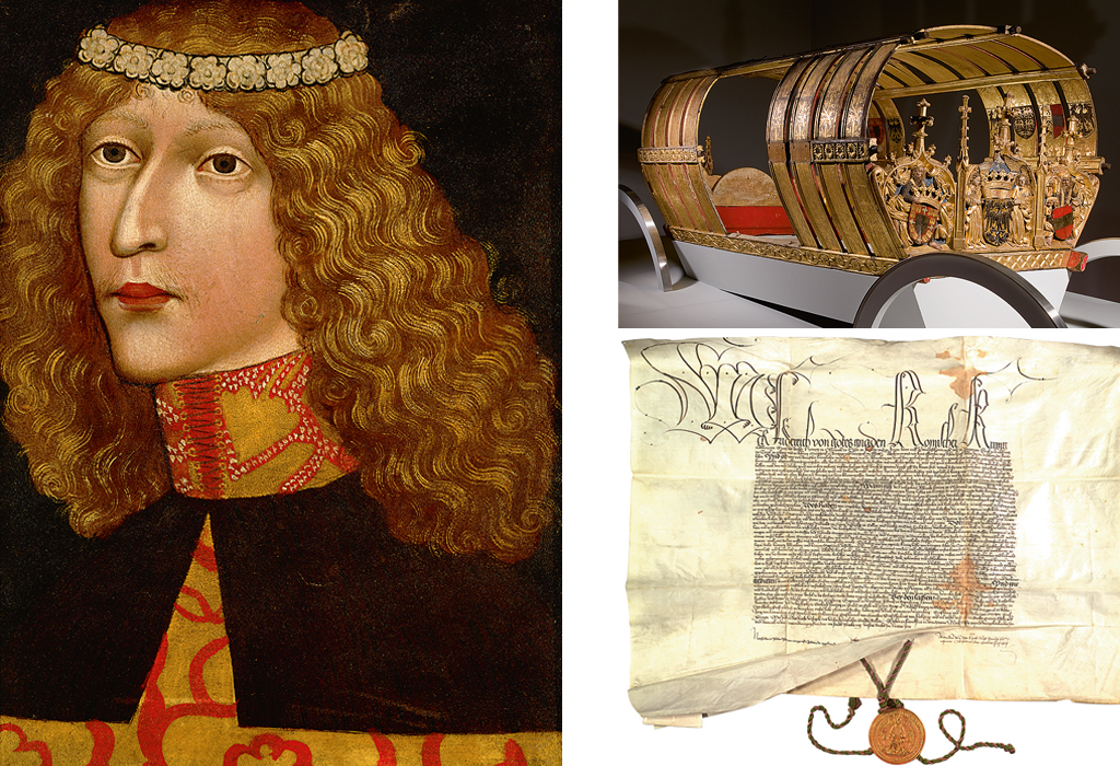 Links ist ein Bild von Ladislaus Postumus (1440-1457) zu sehen. Rechts sind ein Prunkwagen und eine Urkunde aus 1442 zur Bestätigung der Privilegien der Habsburger in Österreich zu sehen.
