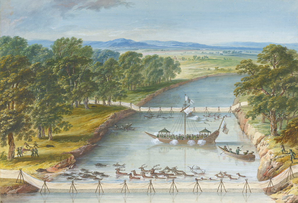 Dieses Bild zeigt die "Wasserjagd" von Lorenz Janscha (1749-1812). Es veranschaulicht die Szene einer Treibjagd auf Rot und Schwarzwild an einem Seitenarm der Donau.