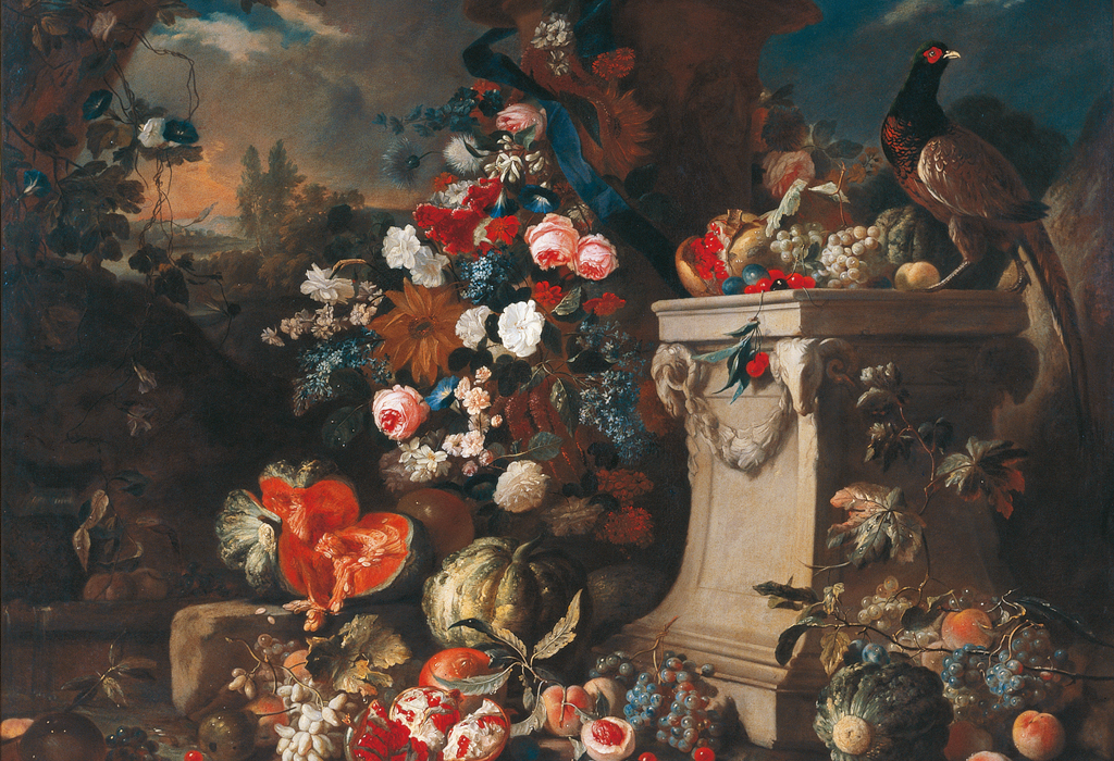 Dieses Stillleben, das sich im Besitz des Stiftes Seitenstetten befindet, malte Franz Werner Tamm (1658-1724) im ersten Viertel des 18. Jahrhunderts. Die Stilleben Tamms faszinieren seit jeher durch die Pracht der wirkungsvoll beleuchteten und in temperamentvoller, italienisch beeinflusster Maltechnik zur Schau gestellten Motive.