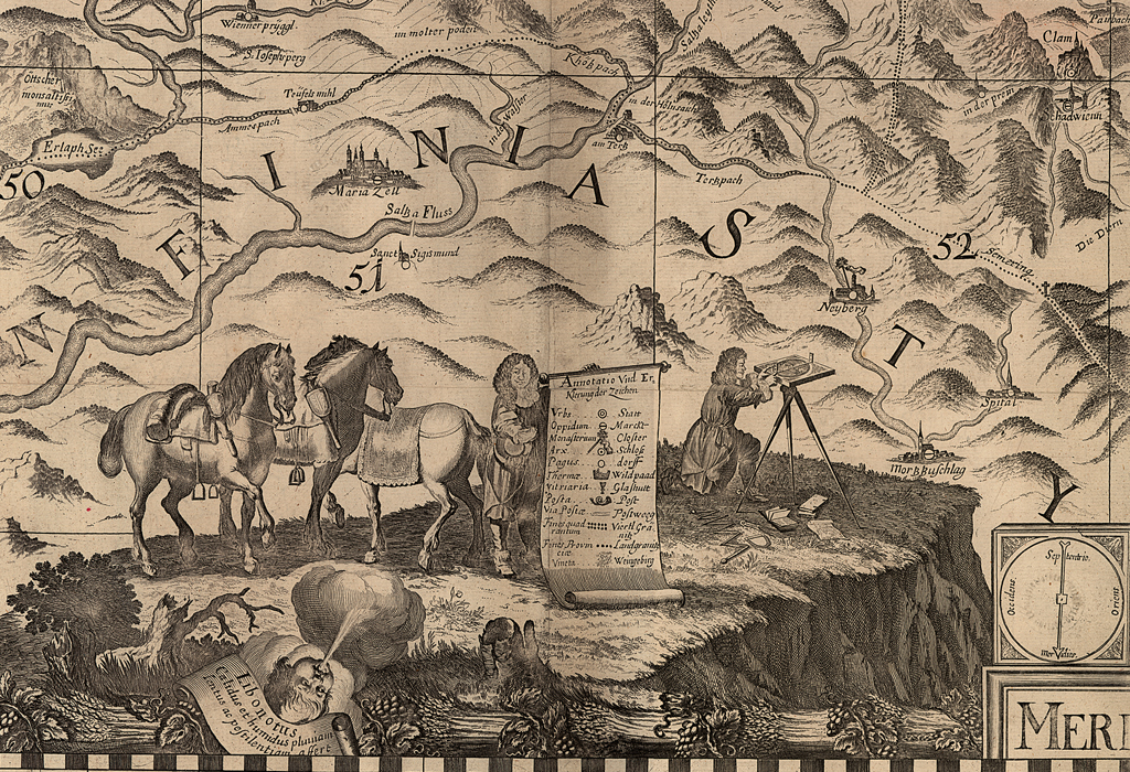 Hier ist ein Ausschnitt einer von Georg Matthäus Vischer (1628-1696) erstellten Kartensammlung über Niederösterreich, Oberösterreich und der Steiermark zu sehen. Auf dem hier abgebildeten Blatt 14 aus dem Jahr 1697 stellte er sich bei seiner kartographischen Arbeit am Messtisch mit Bussole im steirisch-niederösterreichischen Grenzgebiet dar.